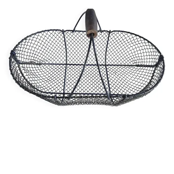 Panier vintage en metal bleu marine  poignée bois