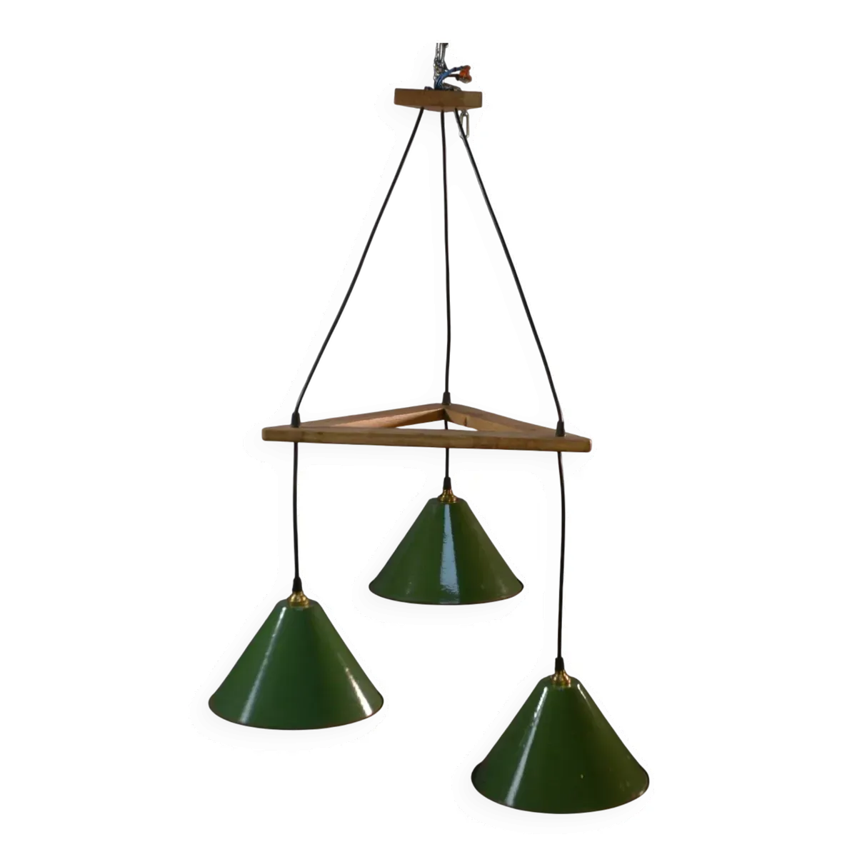 Suspension industrielle design support en chêne avec 3 cloches en métal