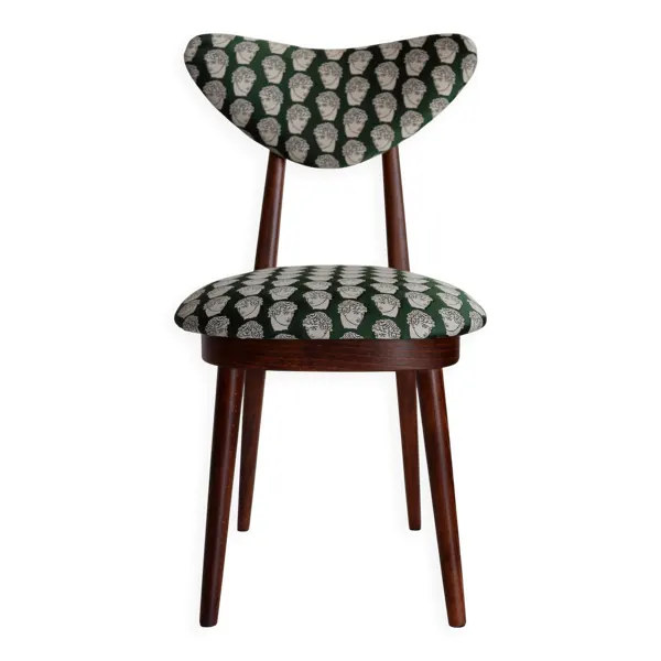 Chaise cœur en satin émeraude David Print, bois de hêtre noyer, Europe, années 1960