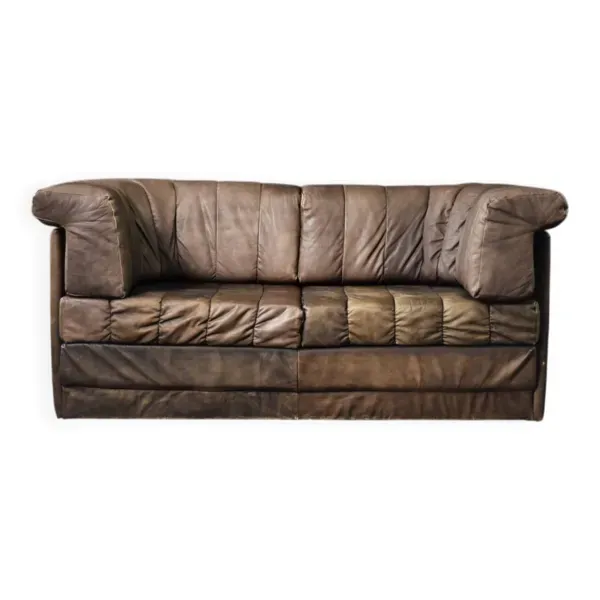 Vintage Mid-Century Modern German Brutalist 2-Seater Brown Leather Bed Sofa