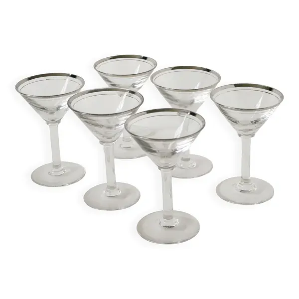 Lot de 6 verres à cocktail, Martini, liseré chromé, Art Déco, 1930