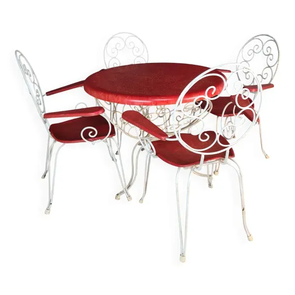 salon de jardin 1950 -fer forgé & fibre de verre- 5 pièces