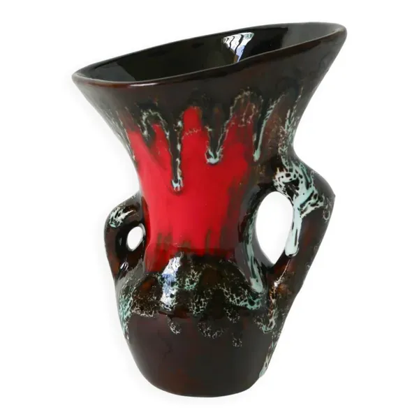 Vase en céramique, marron & rouge, 1970
