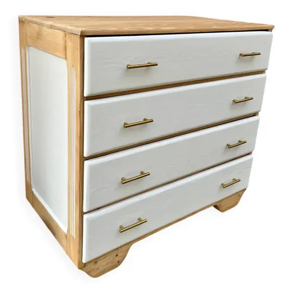 Commode XXL vintage en sapin massif relookée blanc et bois