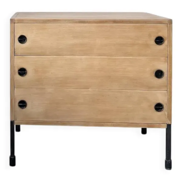 Commode trois tiroirs ARP — Minvielle, chêne et métal laqué, France, années