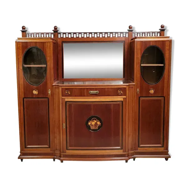 Ecole de Nancy : Grand buffet bibliothèque époque Art Nouveau en acajou