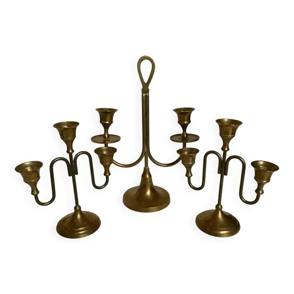 Trio de chandeliers bougeoirs en laiton pieds tulipes