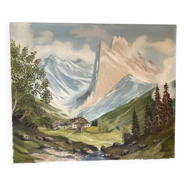 Grand tableau paysage de montagne huile sur toile signée
