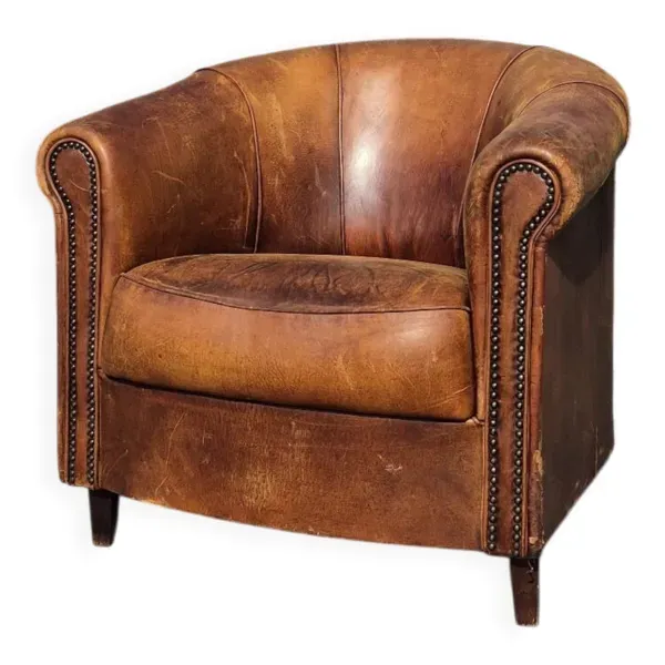 Fauteuil club vintage en peau de mouton cognac Joris