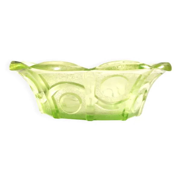 Coupe ovale art déco corbeille en verre vert – décor moulé géométrique 1920-1930
