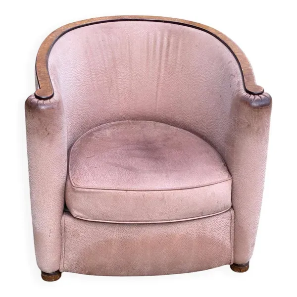 Fauteuil club art déco Daisy Simon en cuir beige et bois