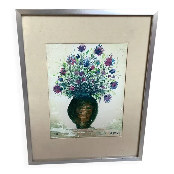 Petit tableau bouquet de fleurs huile sur carton signée