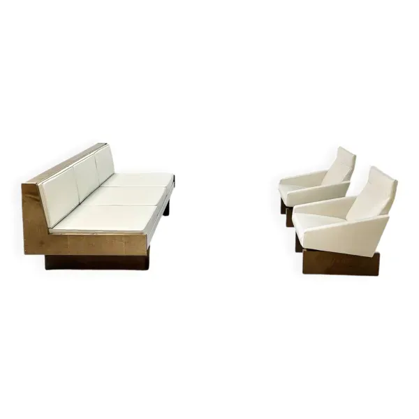 Ensemble de canapés de salon moderniste français en cuir blanc, années 1950