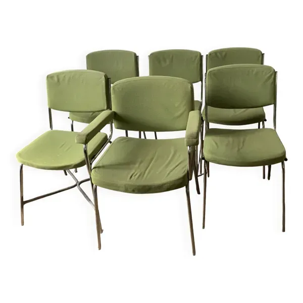 5 chaises 1 fauteuil 1970  structure chrome assise tissu vert style indus
