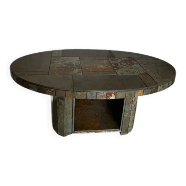 Table basse brutaliste – Table roulante en carrelage de pierre des années 1970