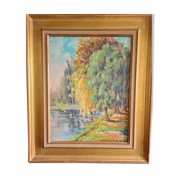 Les arbres sur la berge - huile sur panneau post-impressionniste