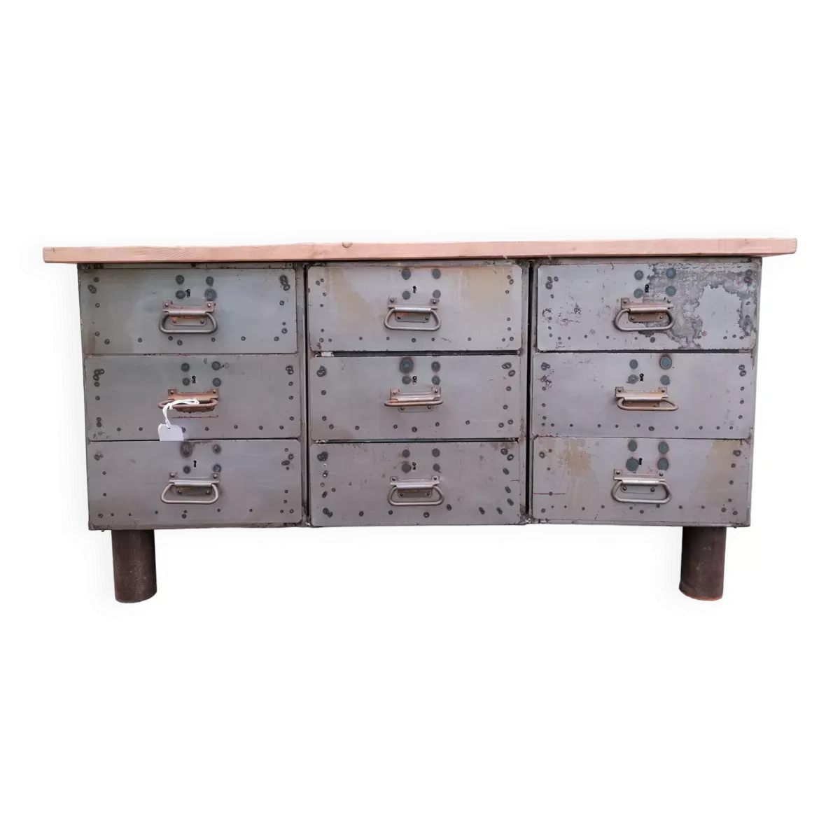 Établi d'atelier ancien, vintage, métal et bois