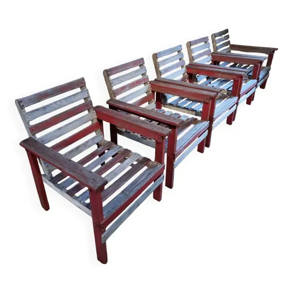 Ensemble de 5 fauteuils lounge français en hêtre et châtaignier, années 1930