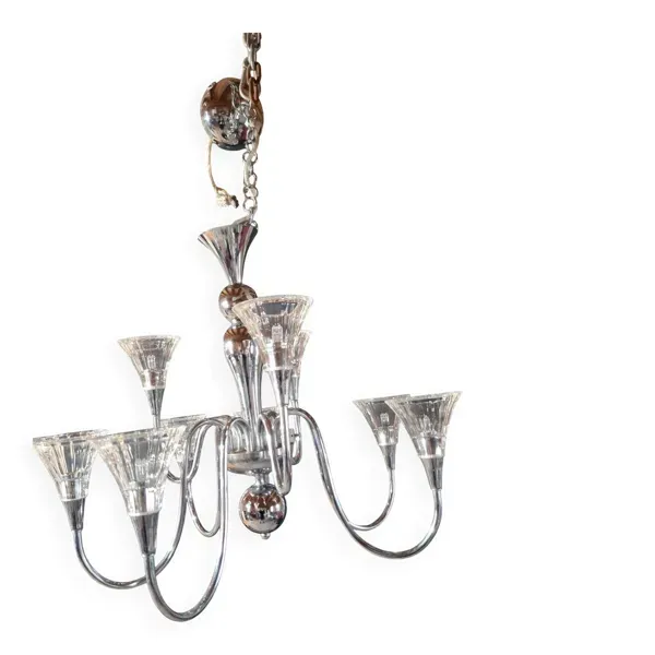 Lustre annees 1930-1950 en metal chrome et verre epais