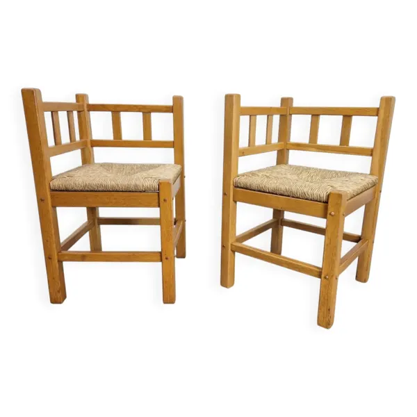 Chaises d'angle en chêne et paille de style Art Déco moderniste néerlandais, années 1950, ensemble de 2
