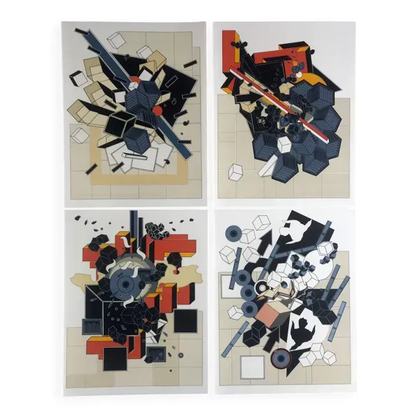 Lot de 4 lithographies originales d'Alain Le Yaouanck 1978. Les 4 élements