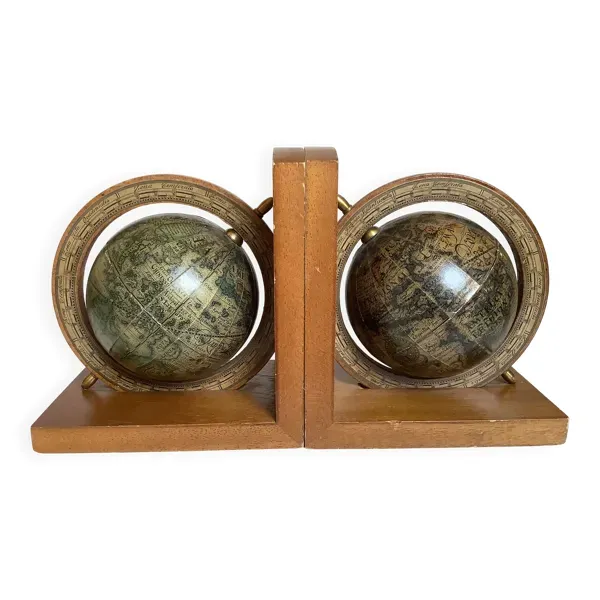 Paire de serre livres mappemonde bois