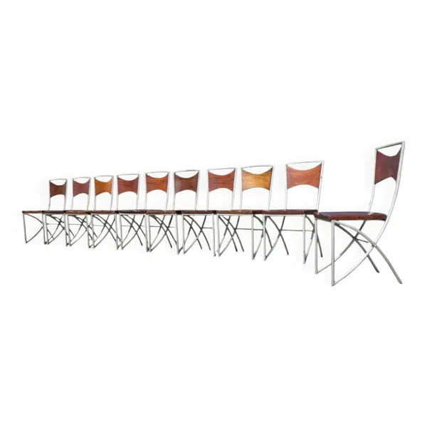 Ensemble de 10 chaises de salle à manger bistro tubulaires en chêne de style industriel vintage