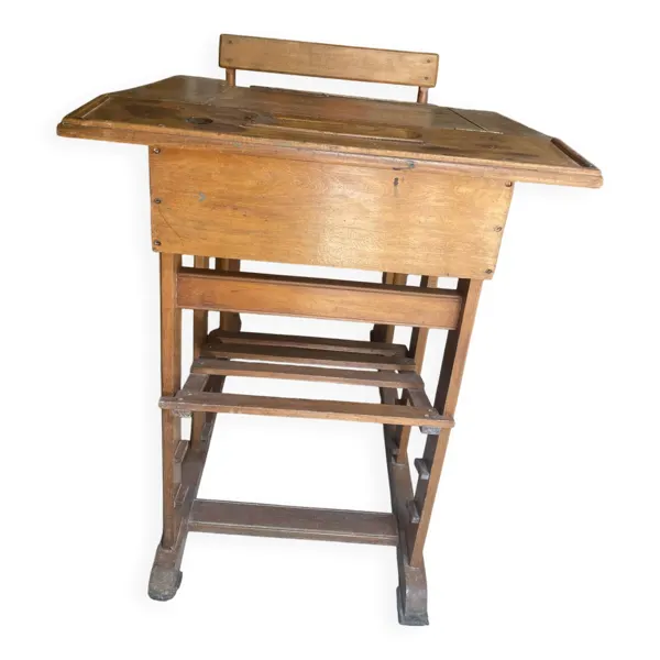 Ancien pupitre d’écolier avec siège réglable intégré