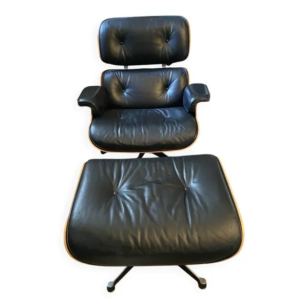 Fauteuil en cuir noir Eames Vitra, original avec ottoman bois palissandre
