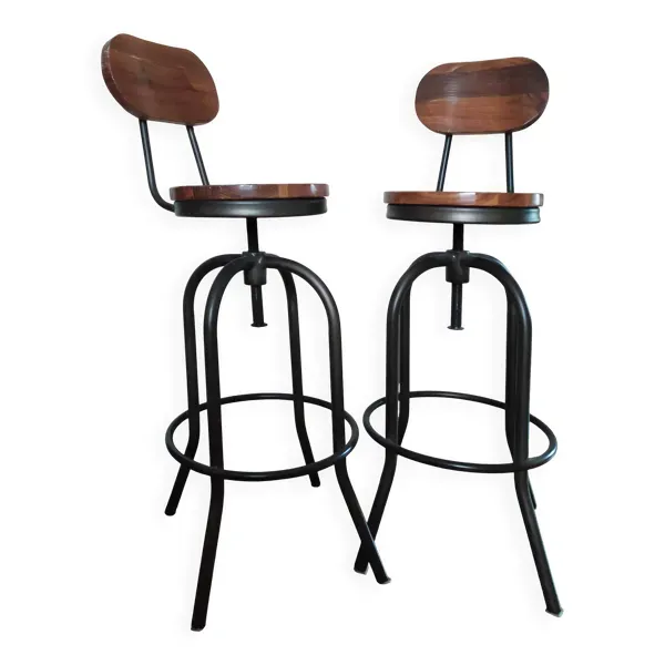 Lot de deux tabourets de bar bois et métal style industriel