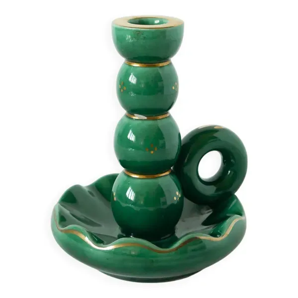 bougeoir en céramique, Vert & Doré, 1960