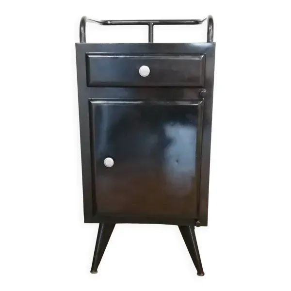 Chevet noir d'hôpital/ internat tous en métal pied compas 1940 industriel