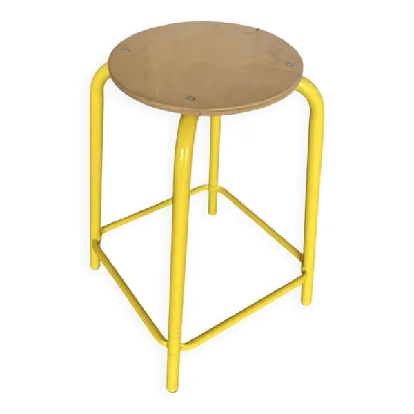 Tabouret Industriel Ancien Tube Métal Jaune + Assise Bois Vintage