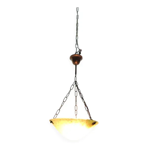 Suspension vintage années 70 en verre moucheté jaune – Lustre rétro à chaîn