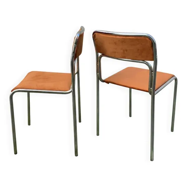 Chaises chromées 70s – assise en velours orange