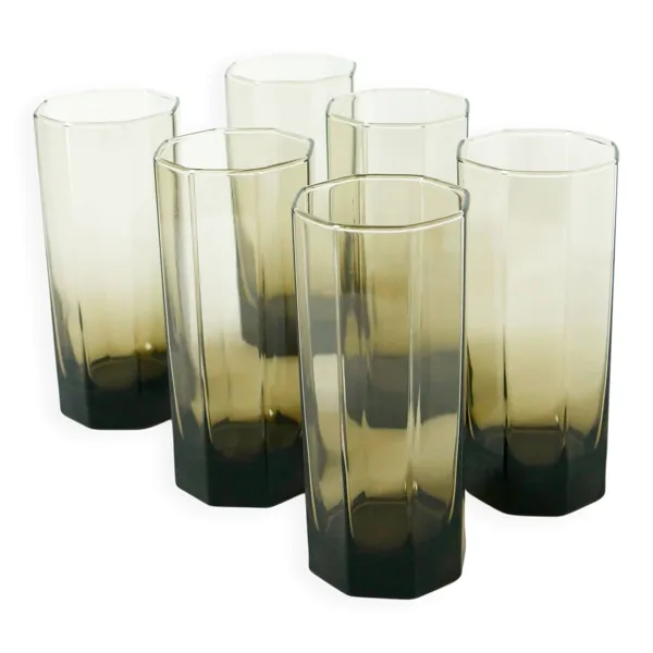 Ensemble de 6 verres octogonaux Long Drink, Verre fumés, Design, 1970 - 15