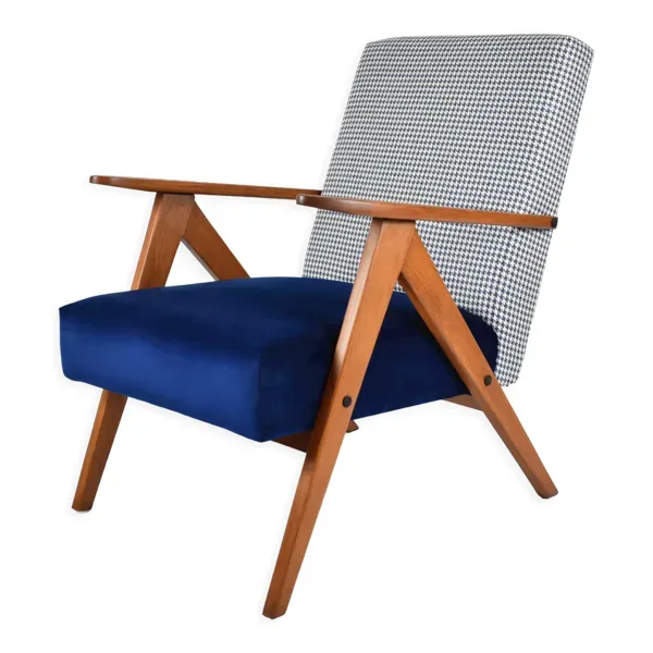 Fauteuil original restauré compas années 1960 velours bleu, pied de poule