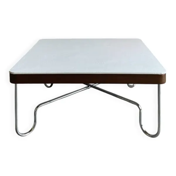 Table basse vintage style Bauhaus – béton minéral blanc & chrome – ann