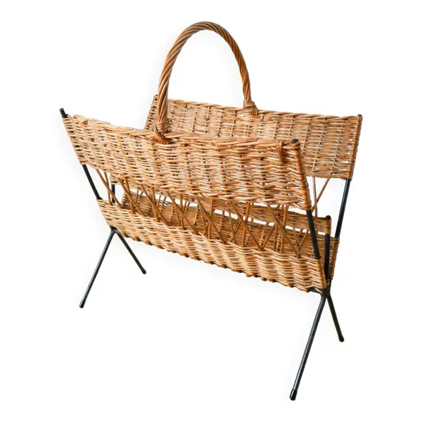 Porte-revues en rotin et métal moderniste 1970