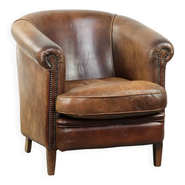 Fauteuil club en cuir de mouton vintage
