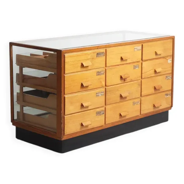 Meuble de métier, présentoir vitré vintage
