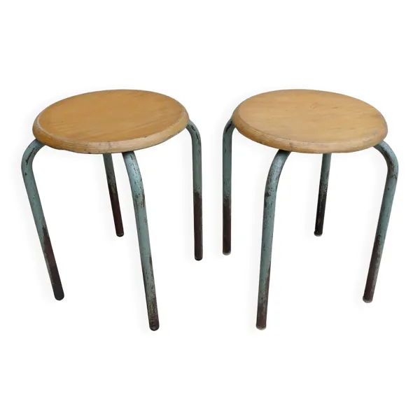 Paire de tabourets d'école en bois et métal
