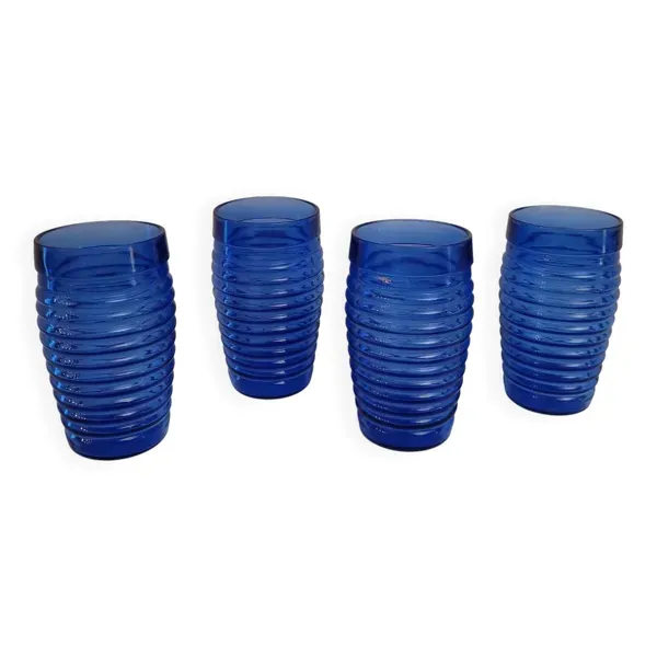 4 verres bleu cobalt en verre moulé, années 1970