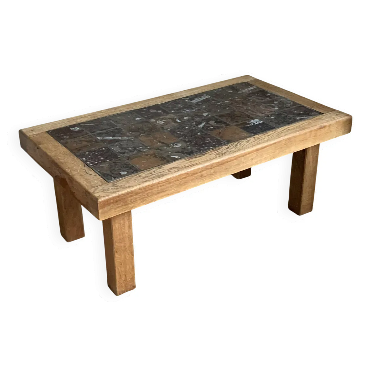 Table basse brutaliste en chêne massif et marbre, années 70