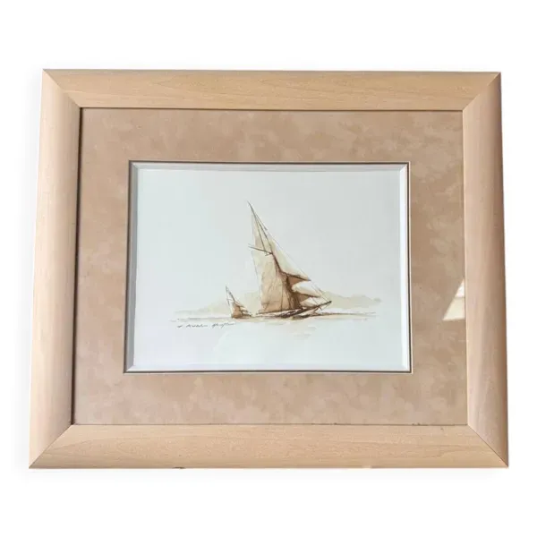 Aquarelle marine Honfleur par  Francis Kuhlen, milieu XXe