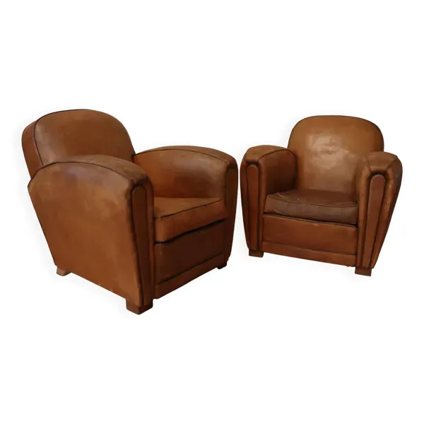 Paire de fauteuils club en cuir Art Déco 1930