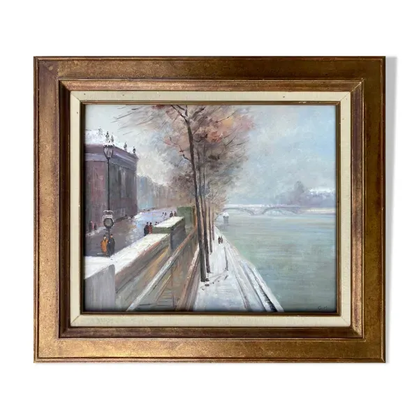 Tableau hst ''quai de seine, paris en hiver'' école h. a. schaeffer - g.m. + cadre