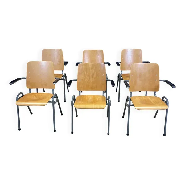 Lot de 6 fauteuils école dossier haut bois pieds gris anthracite Pays-Bas