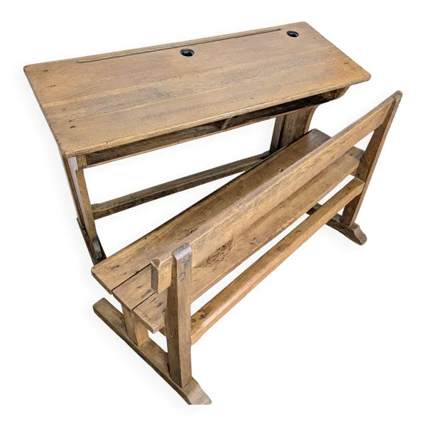 Pupitre d'école double et son banc en bois