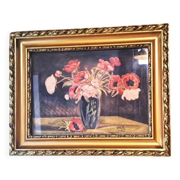 Peinture jack aquarelle nature morte france 1938 bouquet d'anémones